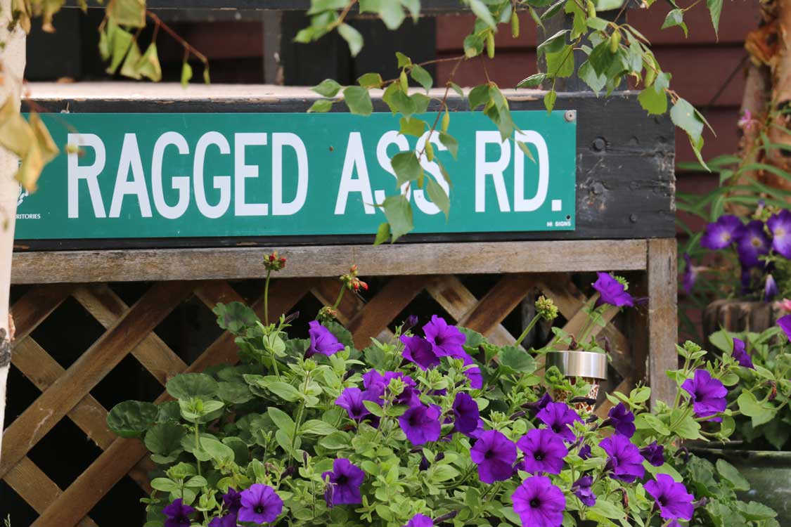 A street sign saying "Ragged Ass Rd" on a fence covered in flowers