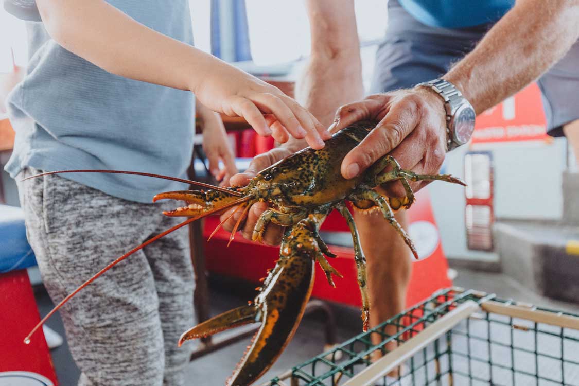 A man hands a lobster to a child in Shediac, New Brunswick