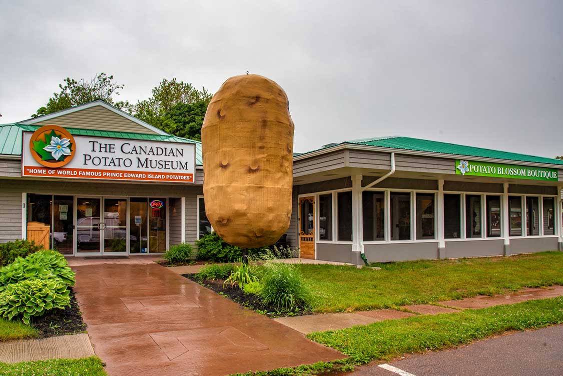 Giant potato sculpture in front of the Canadian Potato Museum, O'Leary, PEI.