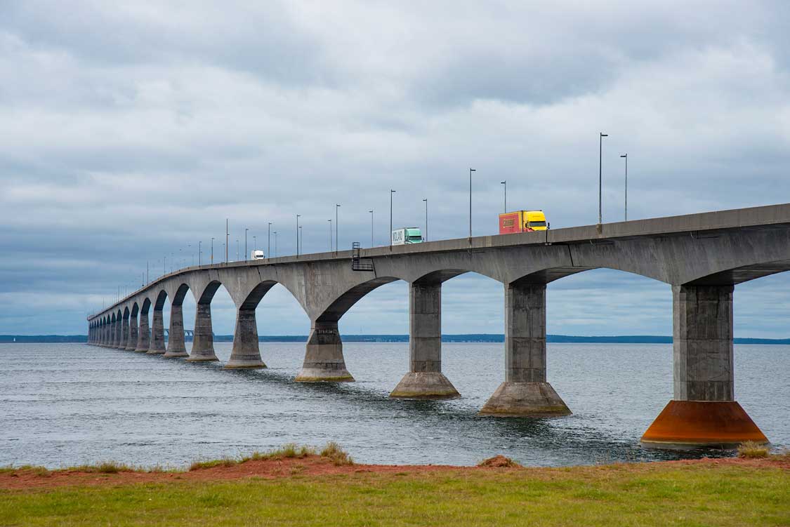 Trucks crossing the Confederation Bridge to Prince Edward Island