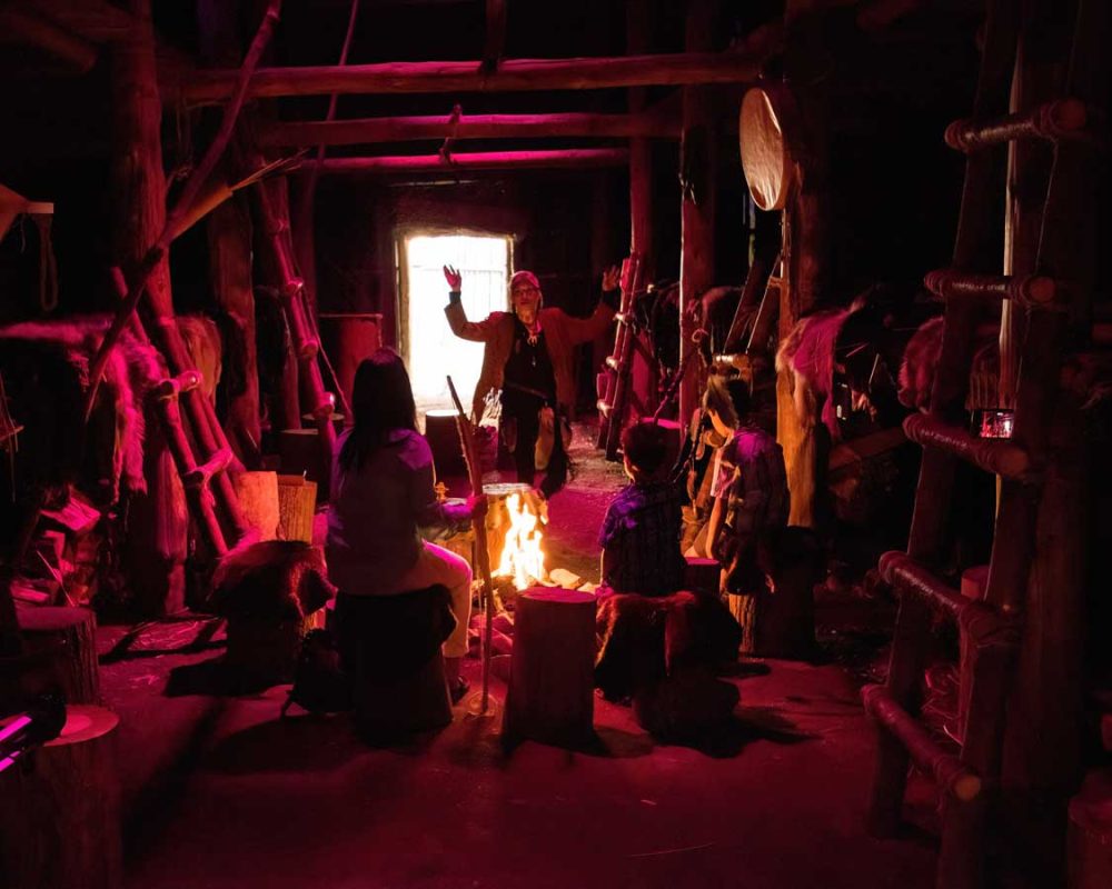 Traditional storytelling in a longhouse at Hotel Musee Premieres Nations in Wendake, Quebec