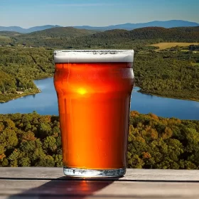 A beer sits on a table of an Eastern Townships brewery overlooking a forest and lake