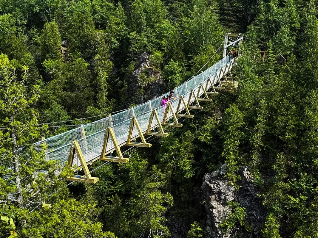 A family walks across a towering suspension bridge in Aiguebelle National Park