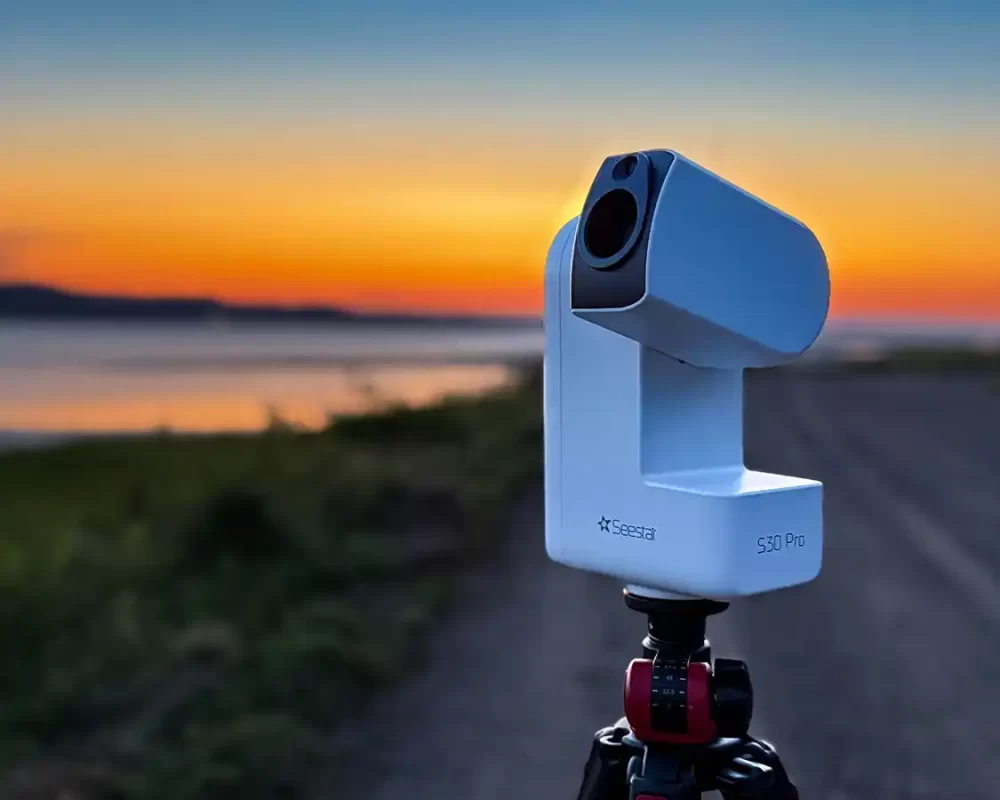 Seestar S30 smart telescope at sunset